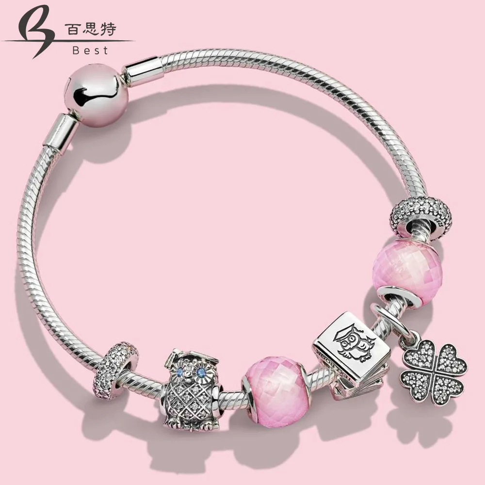 

BEST 100% 925 Sterling Silver Study Book Charm Four-leaf Clove Symbol of Lucky in Love Hanging Charm GRADUATE OWL Bracelet Set