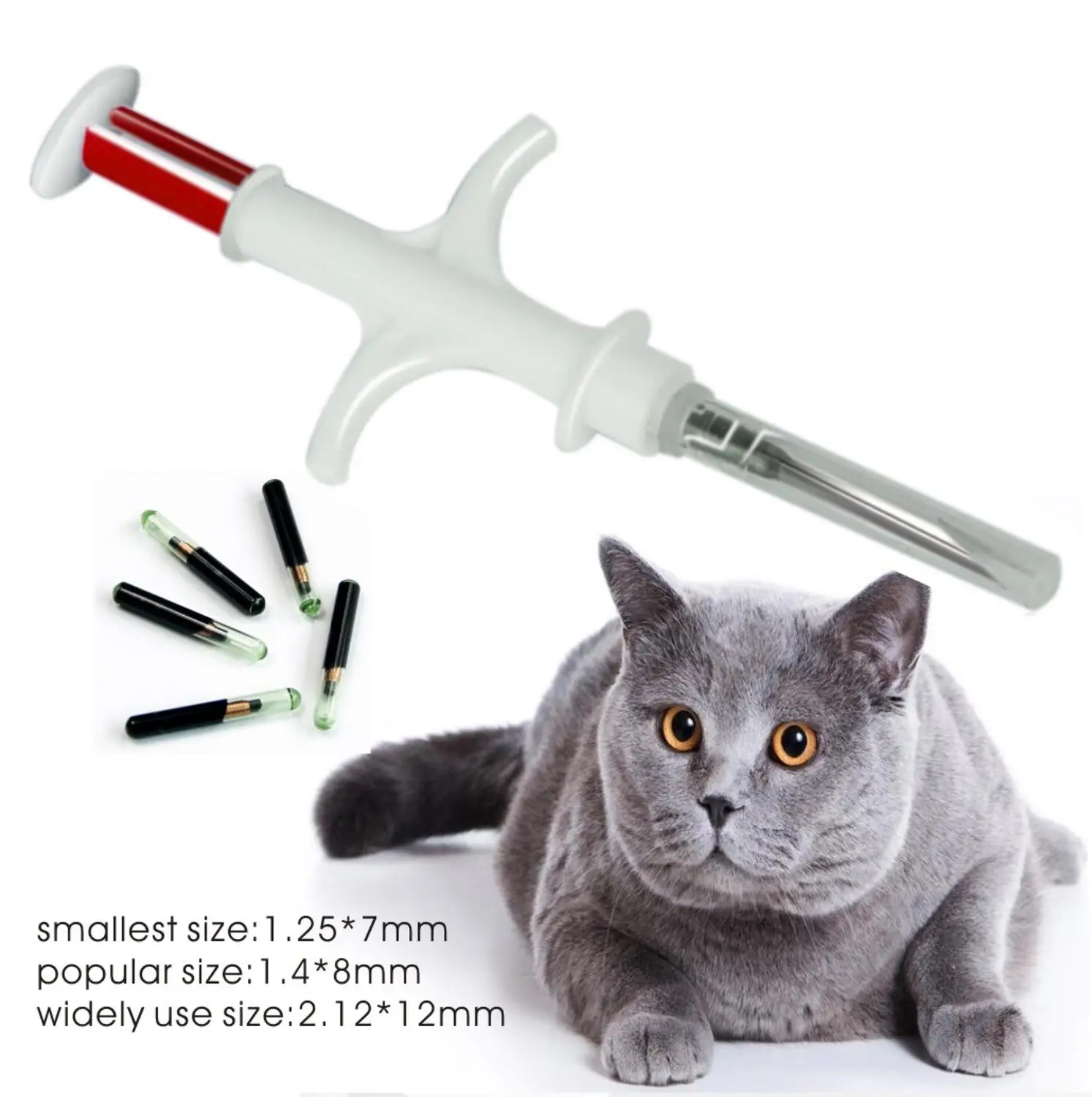 

10pcs Transponder syringe rfid injector with 1.25*7mm1.4*8mm 2.12*12mm microchip for pets animal injection FDX-B for cat dog etc