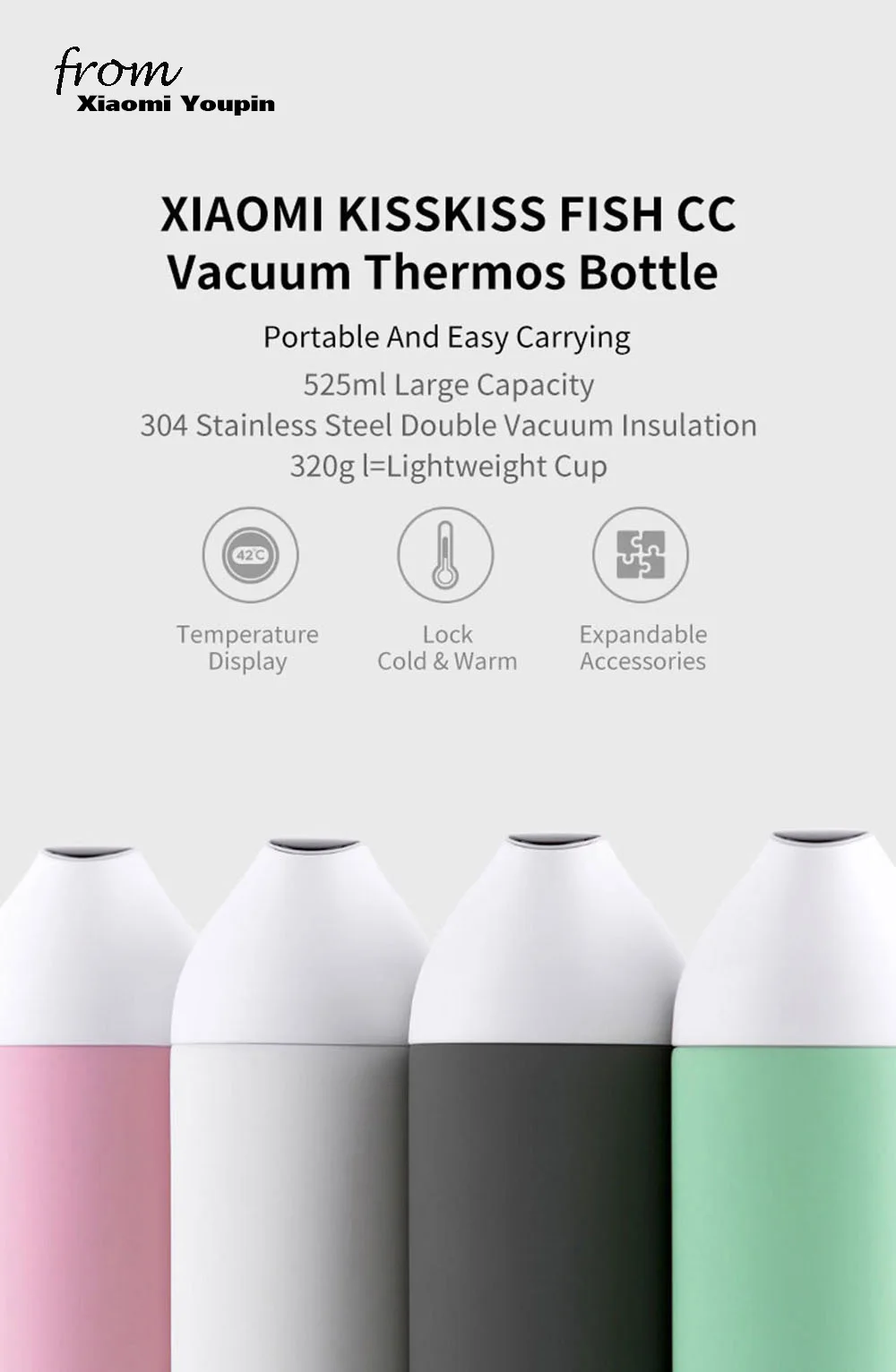 Xiaomi Youpin поцелуй рыбок 525 мл Многофункциональный CC Смарт бутылка для воды с температурным дисплеем вакуумный термос