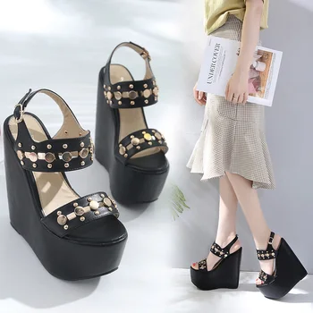 

2019 New Rivets Summer Sandals High Quality Wedges High Heels 17cm Sexy Peep-Toe Platform Female Pumps Shoes Woman Student Shoes