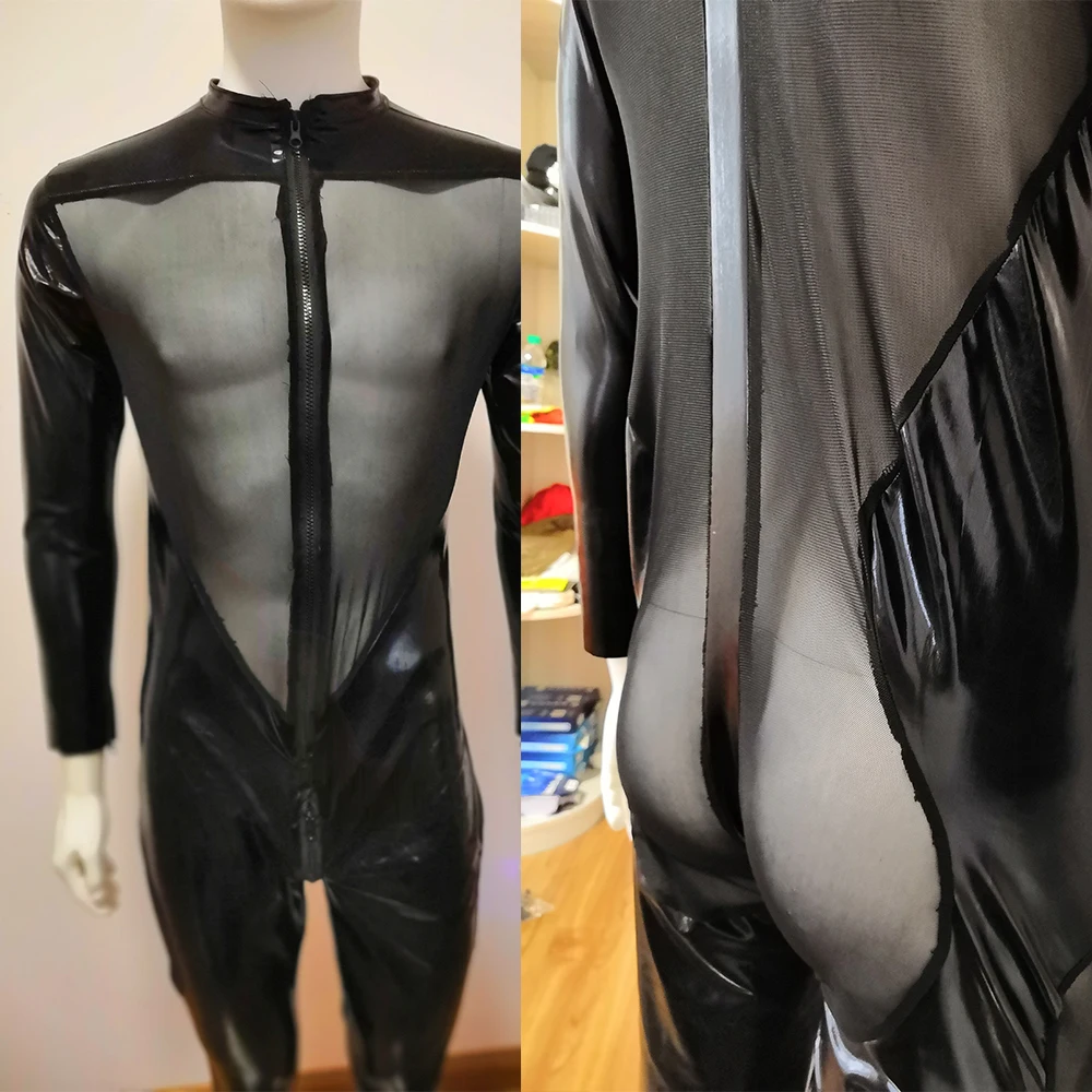 Латексный мужской комбинезон из искусственной кожи в сеточку, черный облегающий боди из ПВХ, сексуальная клубная одежда для мужчин, кружевное белье, ФЕТИШ боди, костюм