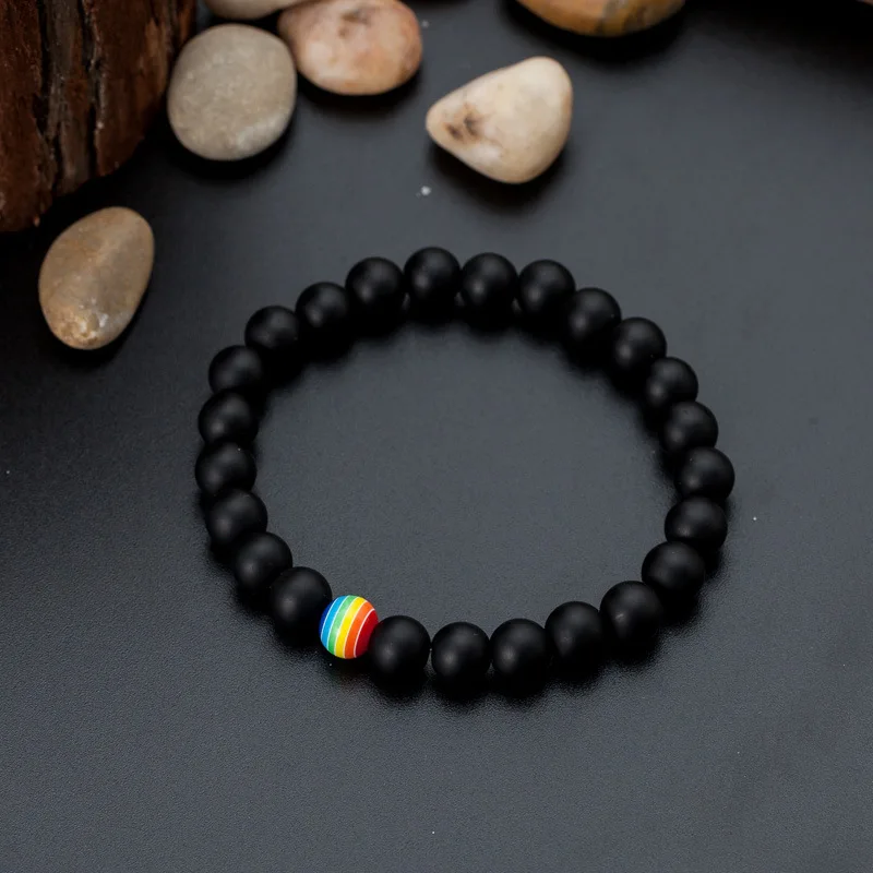 Rinhoo Fashion Hot Sale Black and White Couple Bracelet Handmade Scrub Stone Rainbow Gay Pride Bracelet Trendy Yoga Jewelry Gift