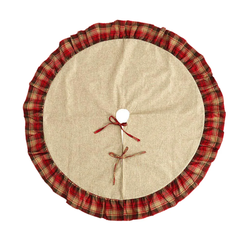 

122CM Christmas Tree Skirt Red Black Plaid Ruffle Edge with Linen Burlap Bowknot Christmas Tree Stand Mat Tree Skirt