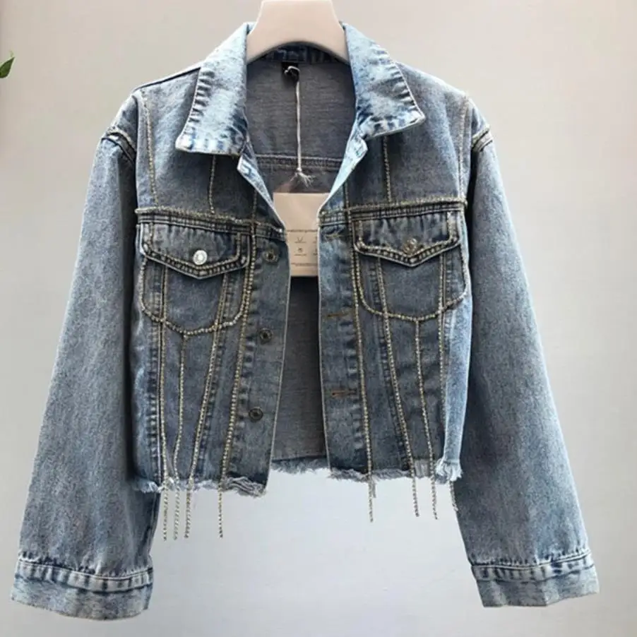 Slim Diamonds Tassel Chains Jeans Jacket Women Lapel short Single Breasted Denim Jacket Ladies 