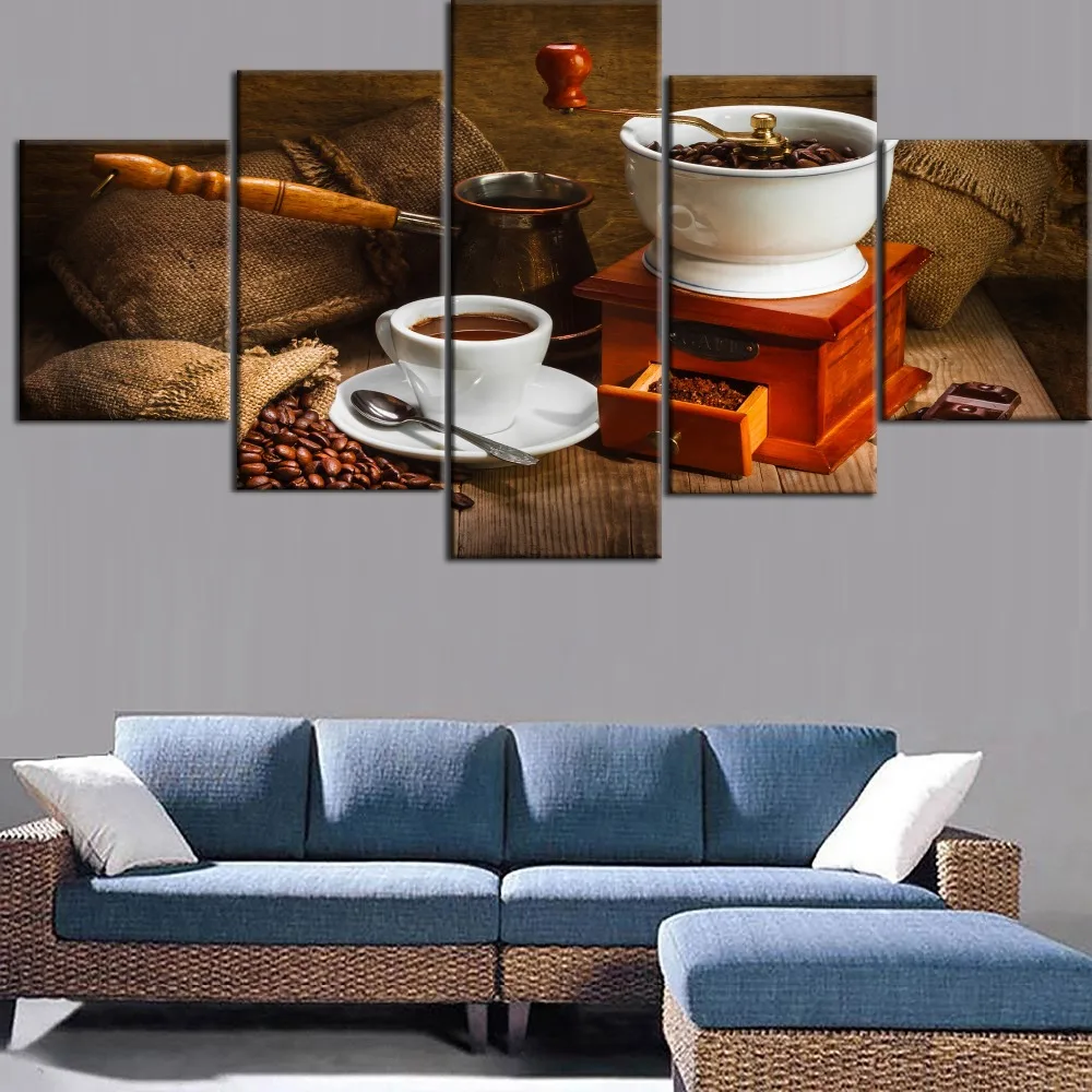 

HD Printed 5 Pieces Painting Framed Old-fashioned Manual Coffee Machine And Coffee Beans Type Poster For Home Decor Living Room