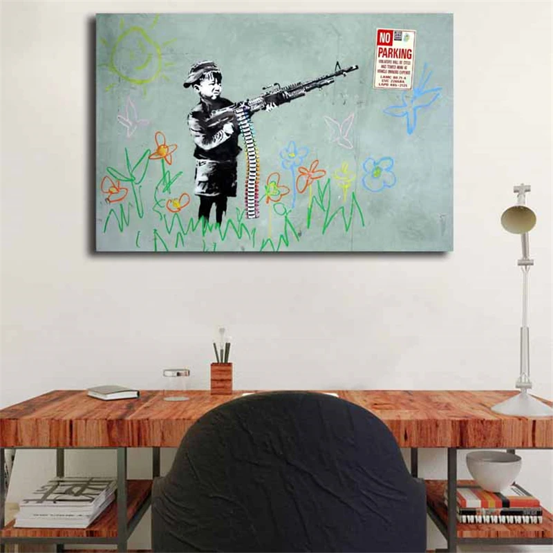 

Banksy Boy With Gun Graffiti Canvas Painting Print Bedroom Home Decor Modern Wall Art Oil Painting Poster Picture Framework HD
