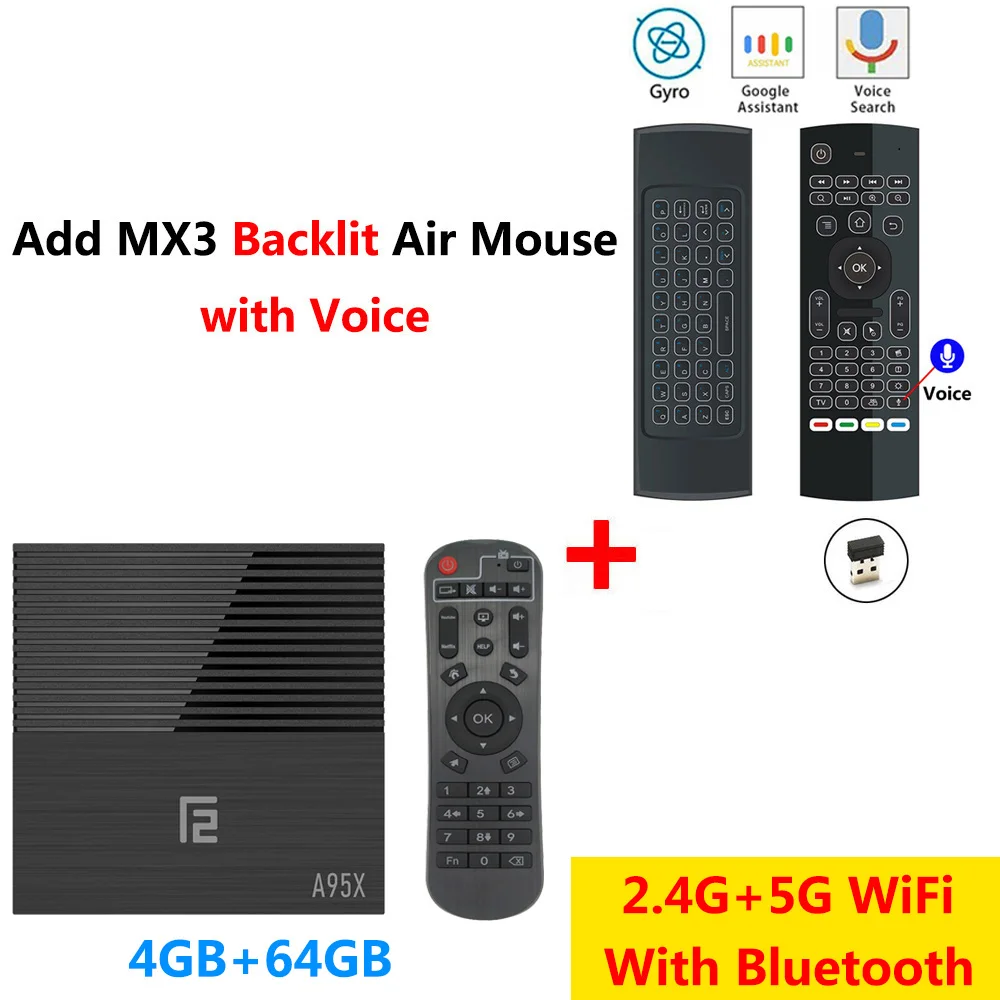 A95X F2 4 Гб ОЗУ 32 Гб 64 Гб ПЗУ Android 9,0 tv Box Amlogic S905X2 четырехъядерный медиаплеер WiFi Bluetooth 4K HD Smart set top box - Цвет: 4GB64GB add MX3L mic