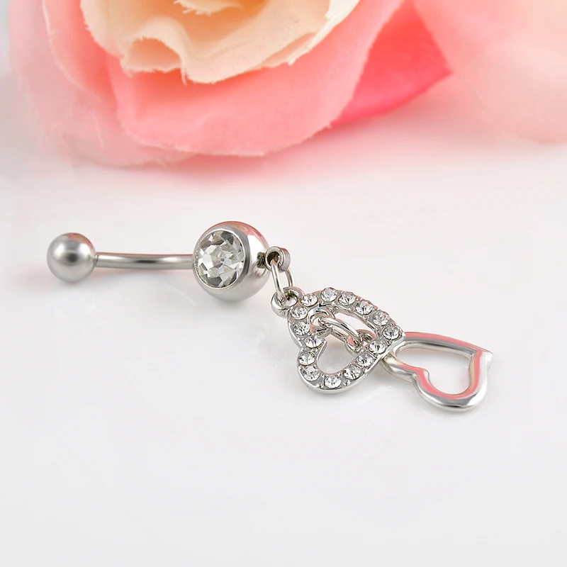 High Quality Double Hearts Rhinestone Crystal Medical Steel Belly Button Ring Dangle Navel Body 