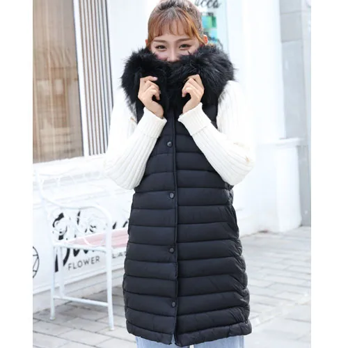 Cold and warm Winter's winter down jacket new Korean version of the long section was thin waist Raccoon Fur big stand vest - Цвет: Black