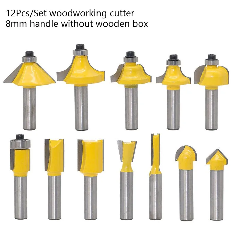 12pcs Milling Cutter Router Bit Set 8mm Yellow Wood Cutter Carbide Shank Mill Woodworking Trimming Engraving Cutting Tools - Cutting Edge Length: 31mm
