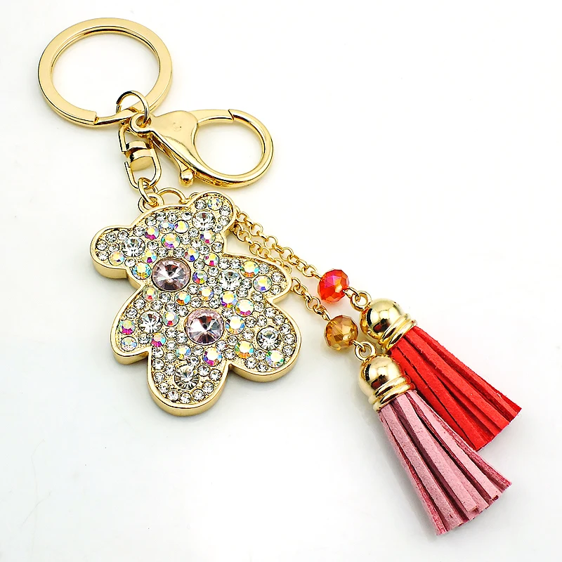

JINGLANG Car Keychain for Woman Metal Plated Keyring Dangle Cute Bear With Ribbon Charms Keychains Bag Luxury Jewelry