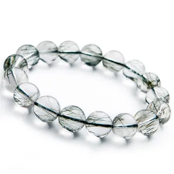 

Genuine Women Men Stretch Clear Crystal Round Bead Bracelet 12mm Big Genuine Green Natural Rutilated Quartz Bracelet