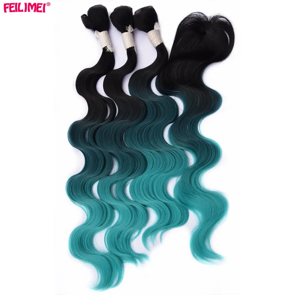 Feilimei эффектом деграде(переход от темного к накладки для седых волос 1" 20" 2" 280 г синтетические 4 шт./компл. Фиолетовый Синий Зеленый объемная волна утка волос ткачество - Цвет: # 99J