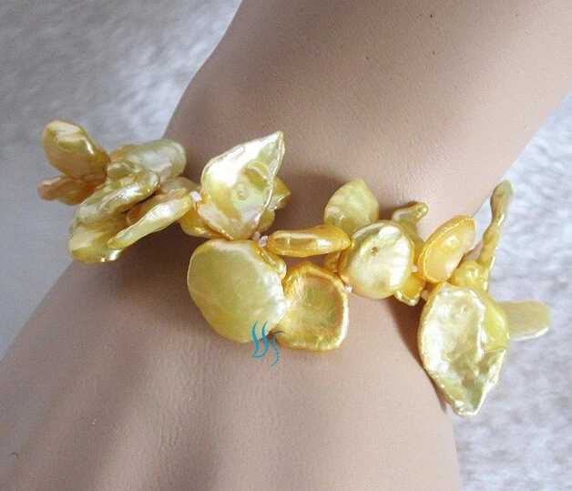

huij 001433 8" 9-15mm Golden Keshi 2Row Freshwater Pearl Bracelet
