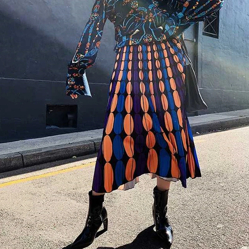 Felectit калейдоскоп с геометрическим принтом женские плиссированные юбки высокая уличная многоцветная длинная юбка 2019 праздничные выходные