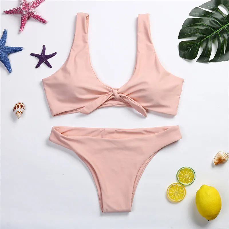 

Women Knotted Padded Thong Bikini Mid Waisted Scoop Swimsuit Solid Color Beach Swimwear Female Two Pieces Swimsuit#3