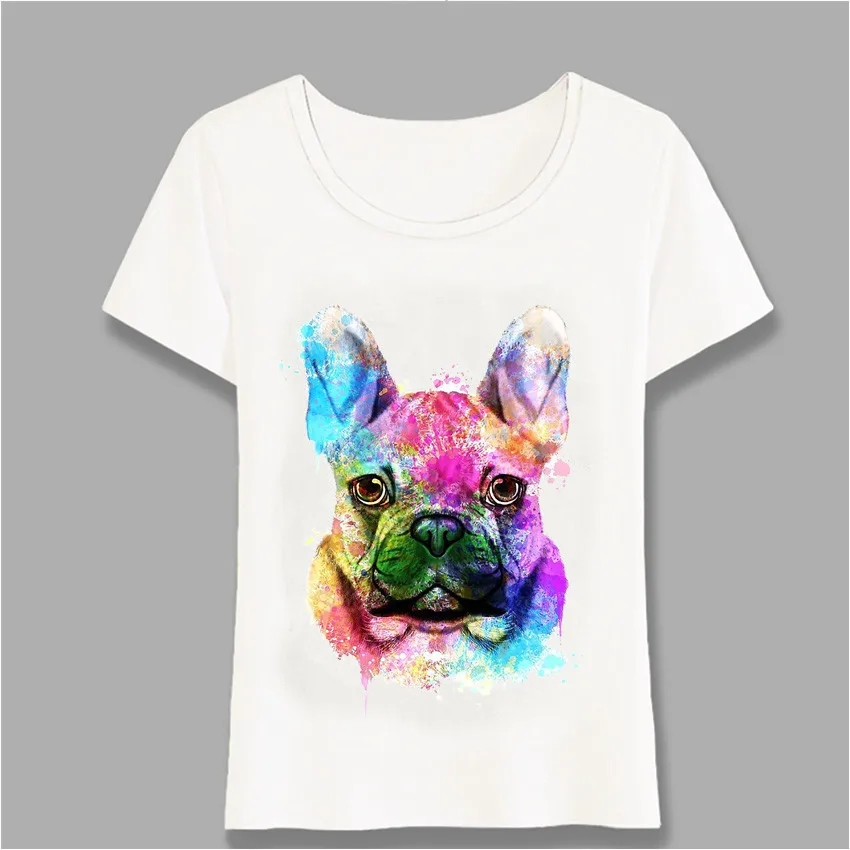 

French Bulldog Watercolor Art Brilliant Color T Shirt Cute Women T Shirt Cool Dog Design Girl Tops White Casual Tees Harajuku