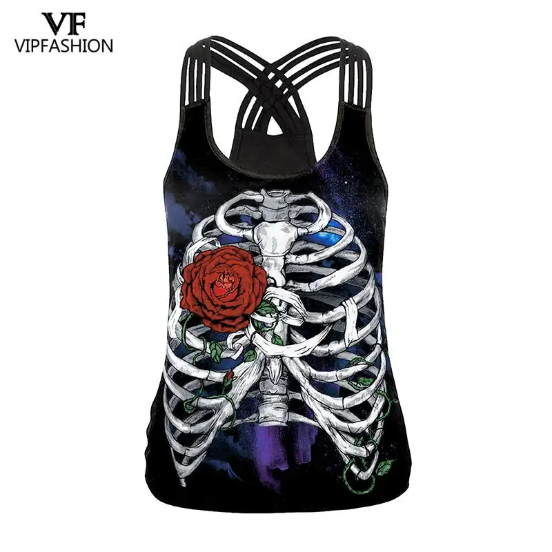 

VIP FASHION New Skull Skeleton Cropped Woman Printed Tank Top Plus Size Sleeveless Halloween Cross Vest