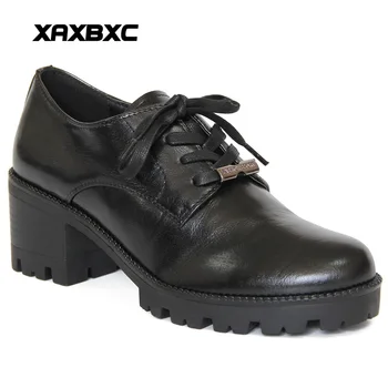 

XAXBXC Retro British Style Leather Brogues Oxfords High Heels Women Shoes Platform Lace Up Thick Heel Handmade Casual Lady Shoes