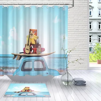 

LB 3D Car with Luggage on the Roof Vacation Waterproof Shower Curtain And Mat Set Polyester Bathroom Fabric For Bathtub Decor