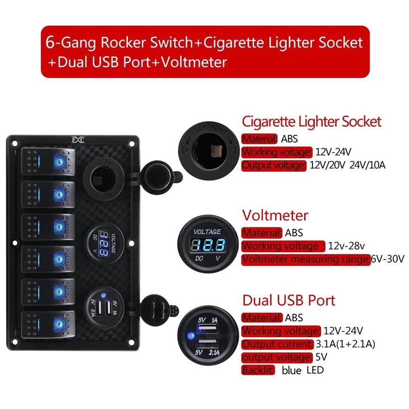 ABS 12 в 24 в 6 банд синий светодиодный переключатель панель автоматический выключатель 3.1A двойной USB порт 12 В 24 в водонепроницаемый RV лодка морской прицеп