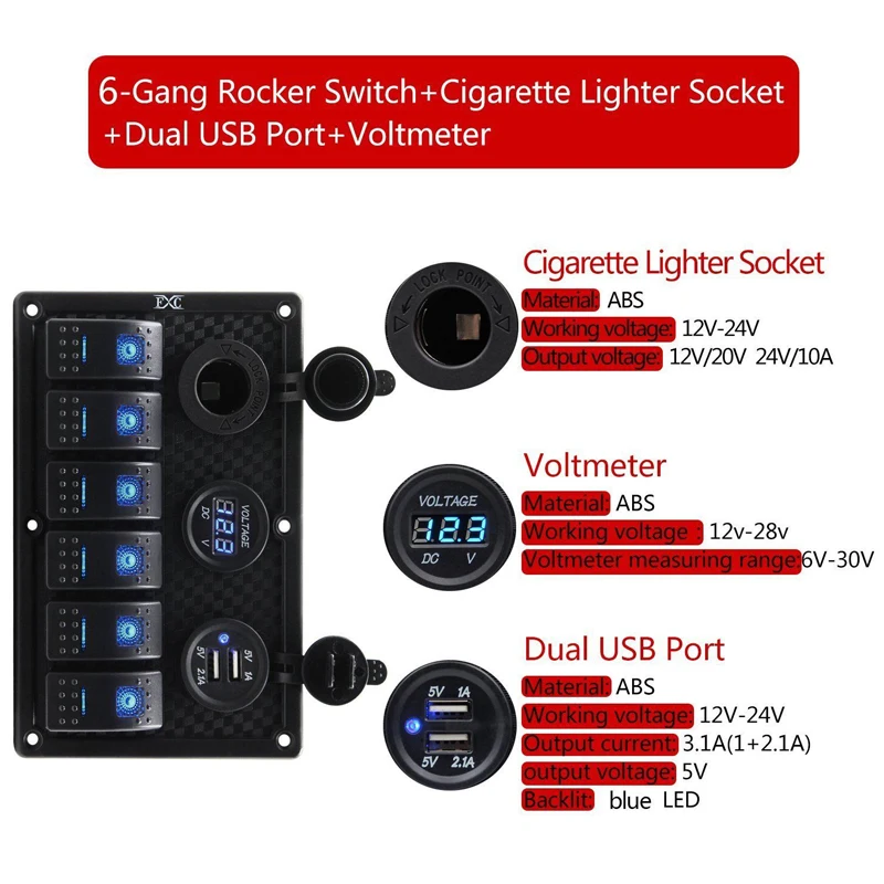  ABS 12V 24V 6 Gang Blue LED Rocker Switch Panel Circuit Breaker 3.1A Dual USB Port 12V 24V Waterpro - 32932812234