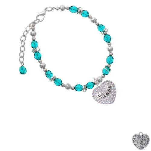 Silvertone Mom Rocks on AB Crystal Heart Teal Beaded Bracelet