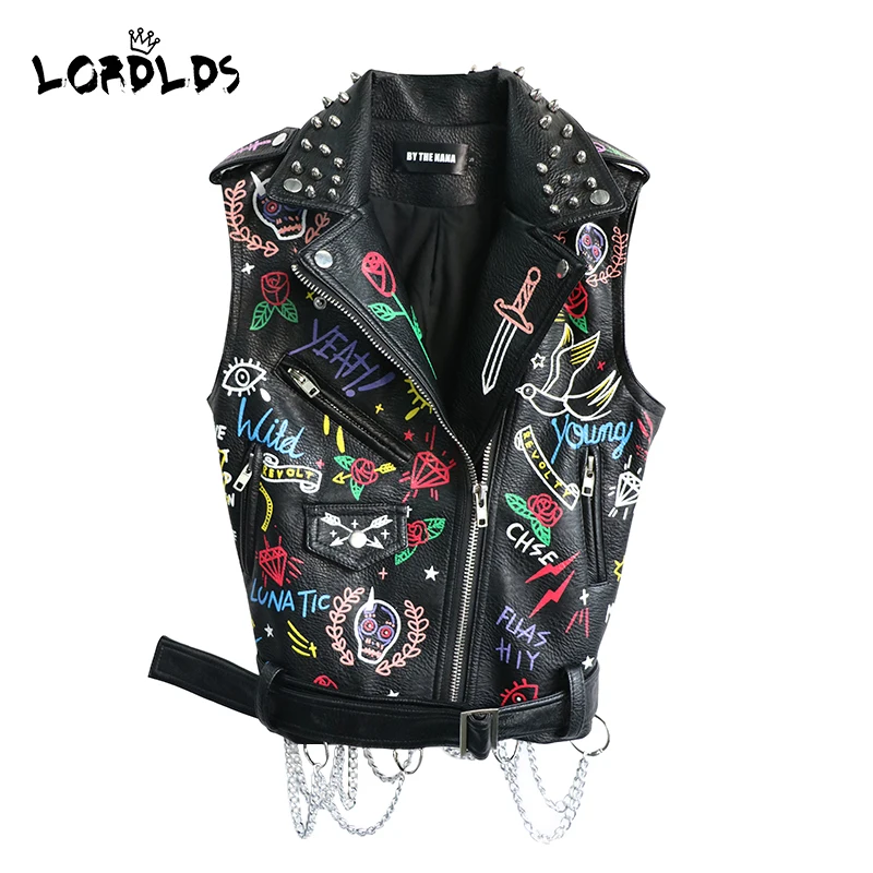 

LORDLDS Black Leather Vest Women Motorcycle Streetwear Pu leather Sleeveless Jacket Female Steampunk Print Biker WaistCoat
