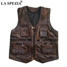 LA SPEZIA Genuine Leather Vest Men Brown Waistcoat Male Sleeveless Jacket Thick Photographer Motorcycle Vest Multi Pocket Zipper