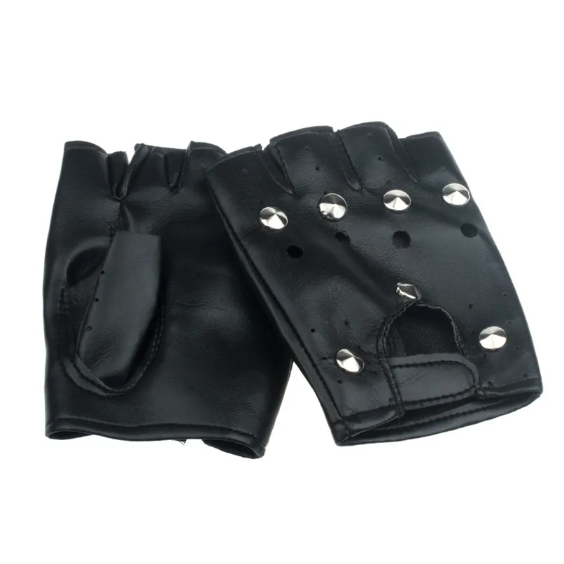 Кожаные перчатки Для женщин театральный панк хип-хоп черный PU Half-палец кожаные перчатки круглых ногтей велосипедные перчатки половину