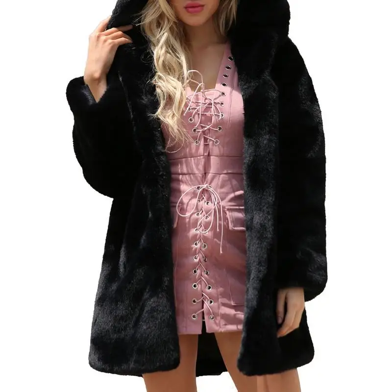 

MISS M Autumn And Winter Warm Faux Fur Jacket For Women Long Hooded Solid Color Fur Coat Female Plush Overcoat Casual Outerwear