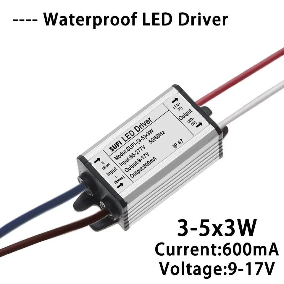 Внешний 3-5x3W светодиодный драйвер 9 Вт 12 Вт 15 Вт выходной DC9-17V трансформаторы постоянного тока 600мА источник питания - Цвет: Waterproof 3-5x3W