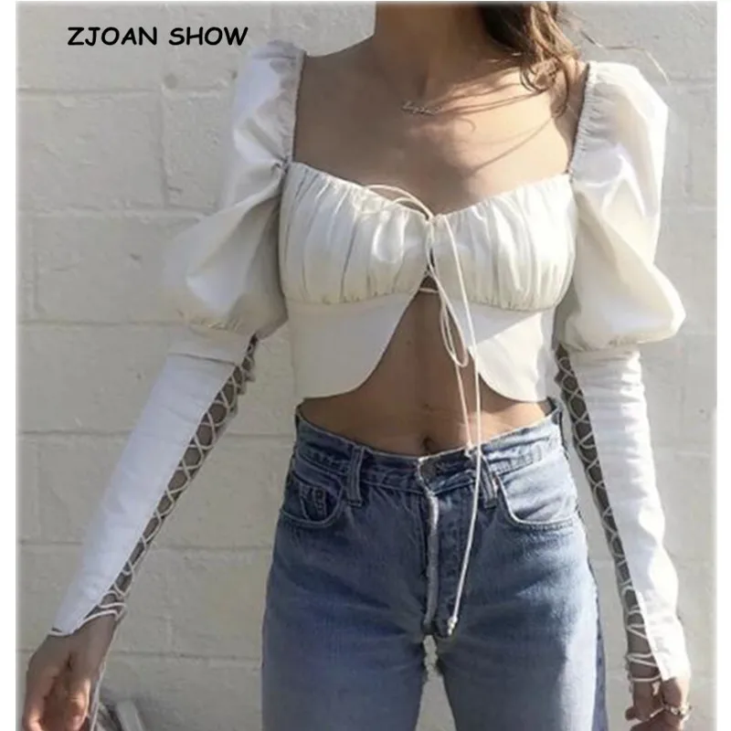 

High Street Hollow out Lacing up bandaged Square neck Shirt Sexy Women Slim Short Blouse Long sleeve Cotton Exposed navel Tops