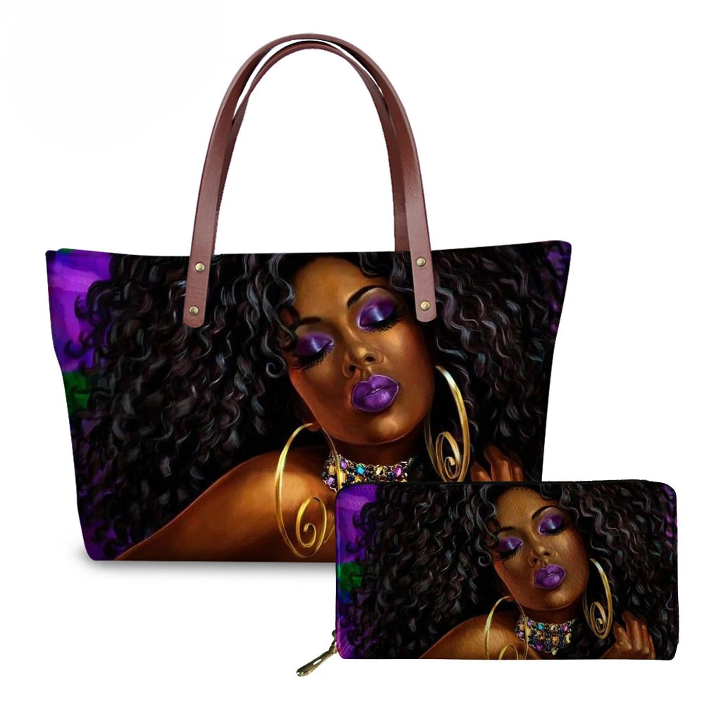 

NOISYDESIGNS Women 2pcs/set Handbags Black Art African Girl Printed Shoulder Beach Bags Ladies Travel Top-Handle Bag for Females