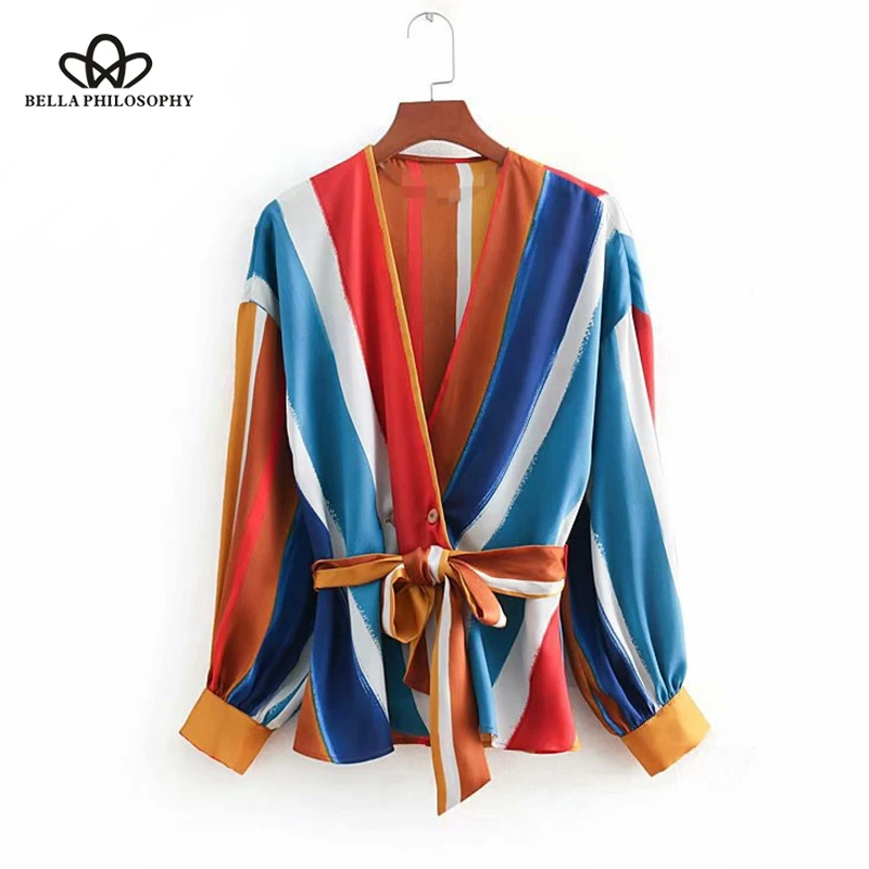 Multicolor V Neck Striped Shirt Casual Bow Tie Sashes Button Blouses Women Sexy Elegant Workwear Blouse Tops 2019 NEW Wonder