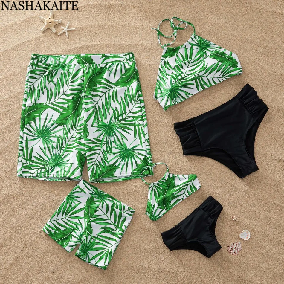 

NASHAKAITE Family Swimsuits Mommy and me Tropical Green Leaf Swimsuit Mother Daughter Men Boy Beach Shorts Matching Swimsuits