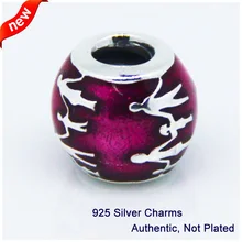 Подходит для Pandora Браслеты Семейные Подвески с полупрозрачной фиолетовой эмалью серебряные бусины 925 пробы