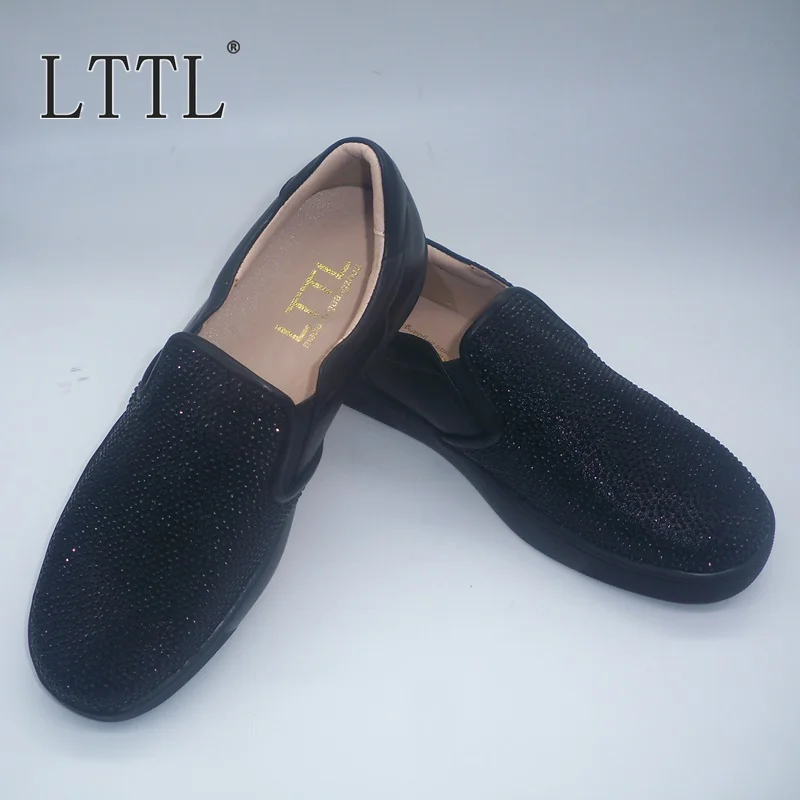 

LTTL Black Leather Sneakers Men Loafers Fashion Rhinestone Slip On Men Shoes Casual Flats Mocassin Homme Driving Shoes