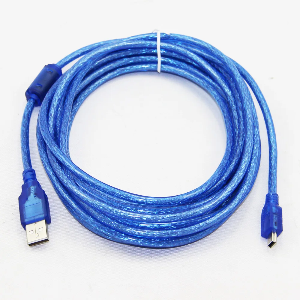 3m 10ft USB 2.0Type A Male to Mini 5P Male Mini 5P USB Cable M/M Double Shielding(Foil+Braided) Premium Quality Transparent Blue