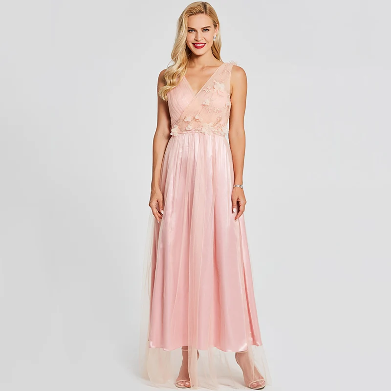 Tanpell/платье для выпускного вечера с цветочным рисунком, розовое платье без рукавов с v-образным вырезом, платья длиной до лодыжки, женское вечернее платье с открытой спиной и аппликацией