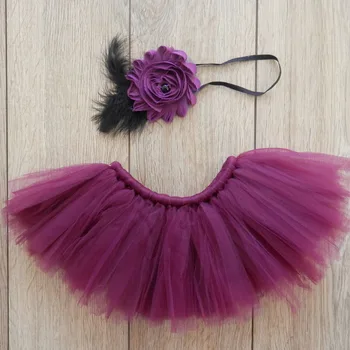 

0-3 month Newborn girls soft yarn tutu skirt feather flower headband purple princess outfits studio accessories baby photography