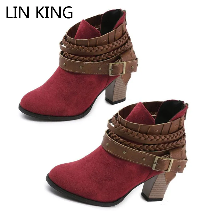 

LIN KING New Plus Size Vintage Women Western Boots Punk Ankle Short Shoes Ladies Thick Heel Pointed Toe Boots Botas Mujer