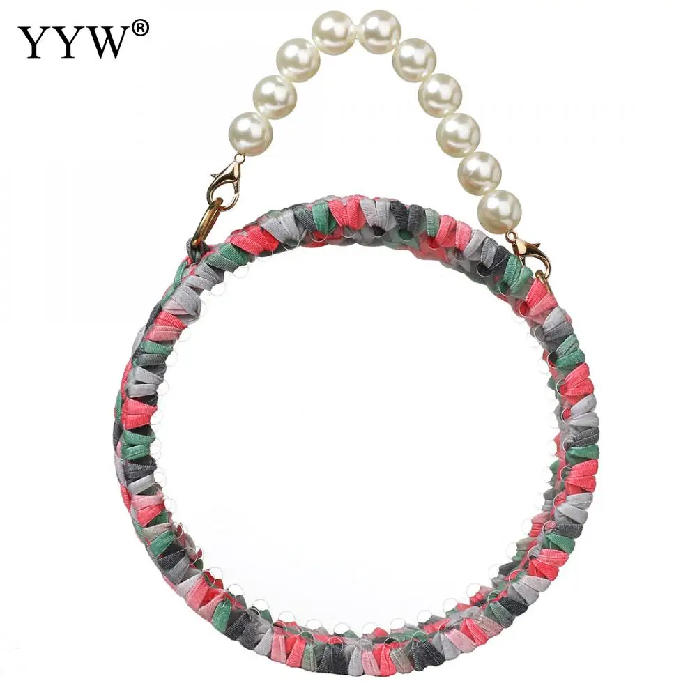 

Round Fashoin Pvc Handbag Transparent With Plastic Pearl Handle Woven Cloth Top Handle Hand Bag Female Clutch 2019 Wedding Purse
