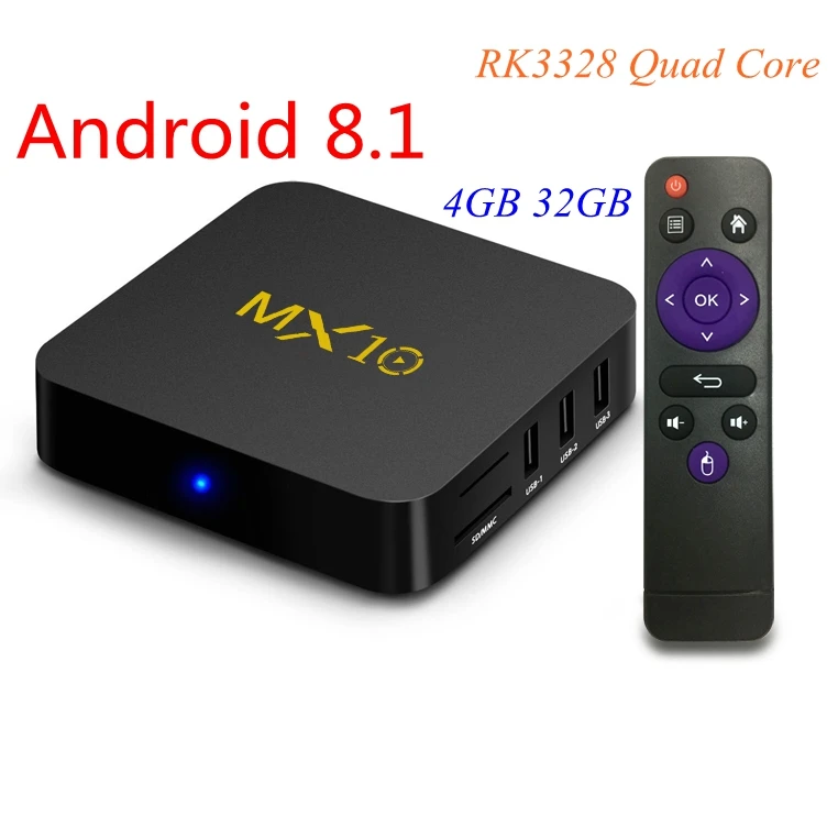 

Android 9.0 TV Box MX10 4GB/32GB RK3328 Quad-Core 2.4G WiFi 100M LAN VP9 H.265 HDR10 4K USB 3.0 Smart Media Player