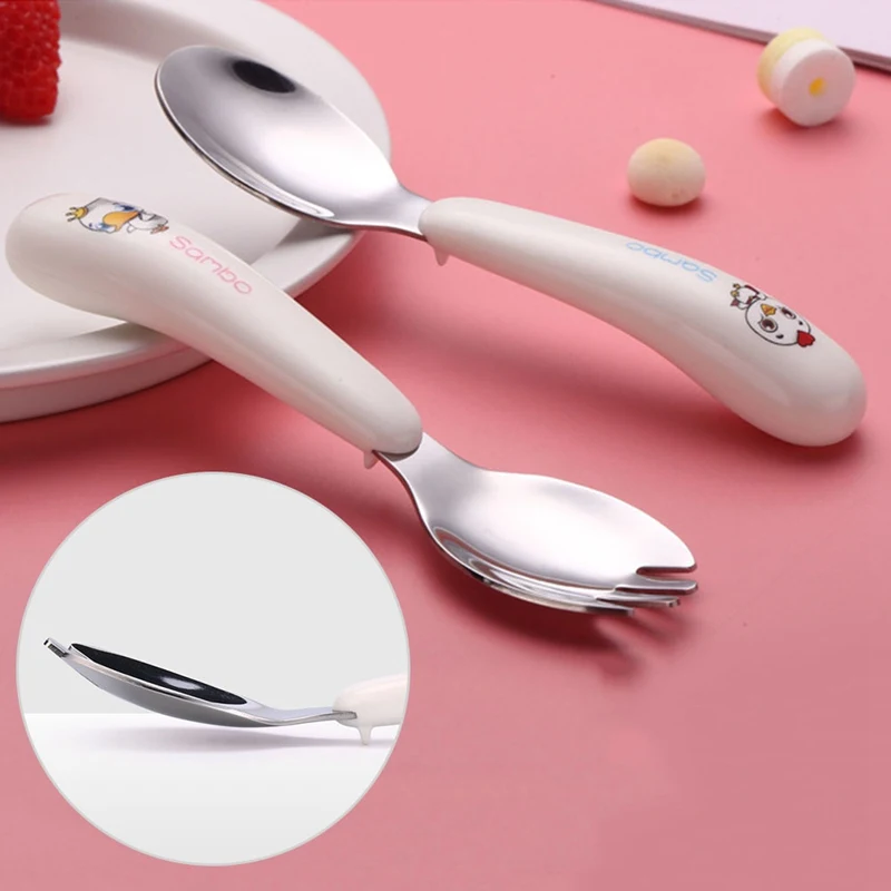 2Pcs/Set Baby Kids Feeding Spoon Fork Set Children Stainless Steel