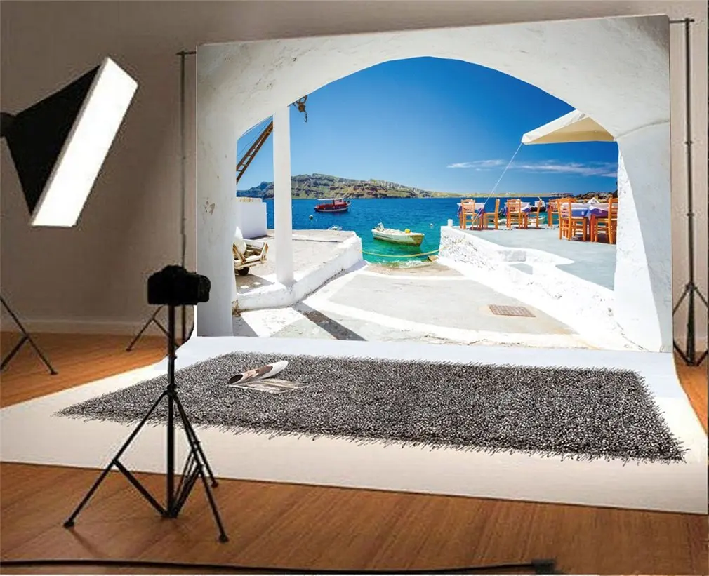 

Photography Backdrop Seaside Old Harbor of Ammoudi Under Village Santorini Greece Ocean Boat Mountain Photo Background