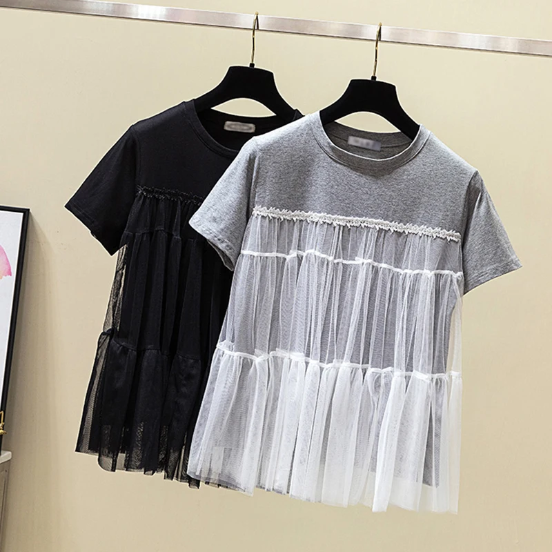 

Harajuku Summer T Shirt Women Short Sleeve Mesh Patchwork tshirt women Streetwear Tops korean fake two piece t shirt femme
