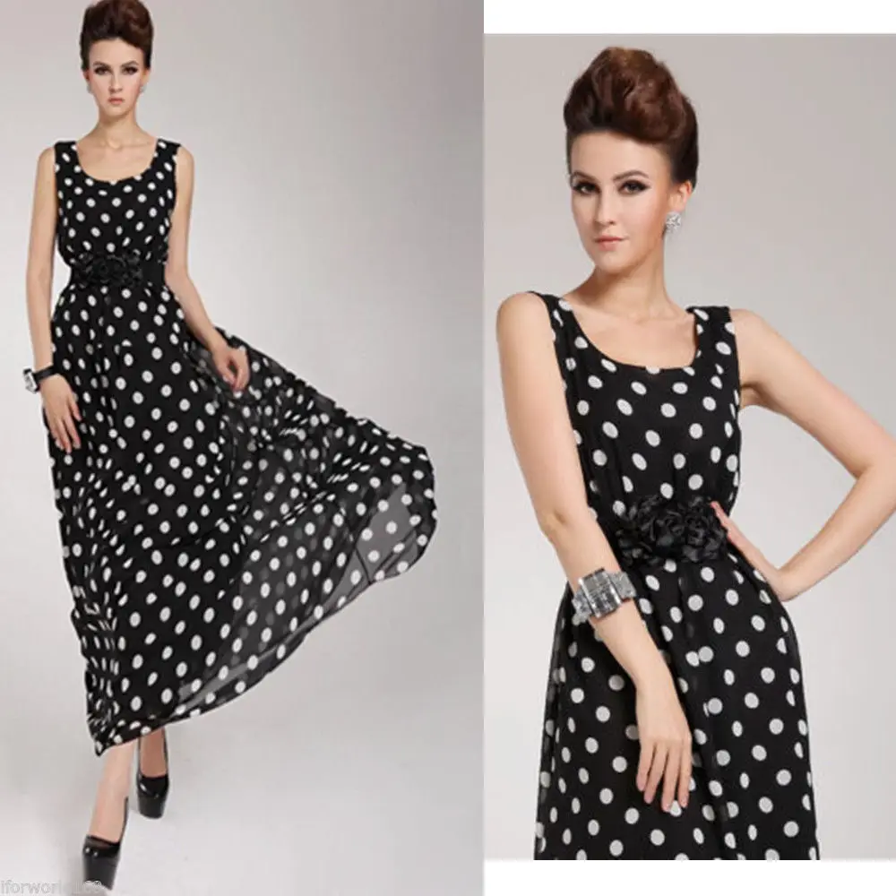 2015 Summer Style Sexy Sleeveless Women Black Dress Robe Longue Femme Bohe Polka Dot | Женская одежда