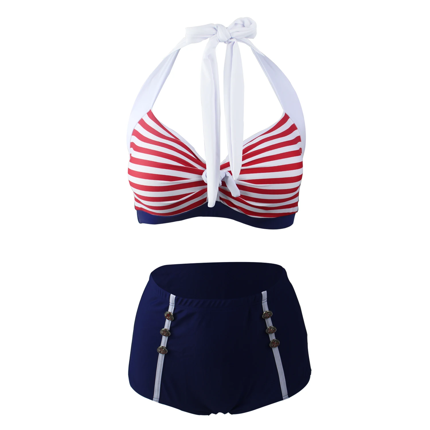 Vintage Women Bikini Set 219 Women Halter Striped Front Bow Buttom Two Piece Swimsuit Female Bathing Suit Plus Size Swimwear 3XL