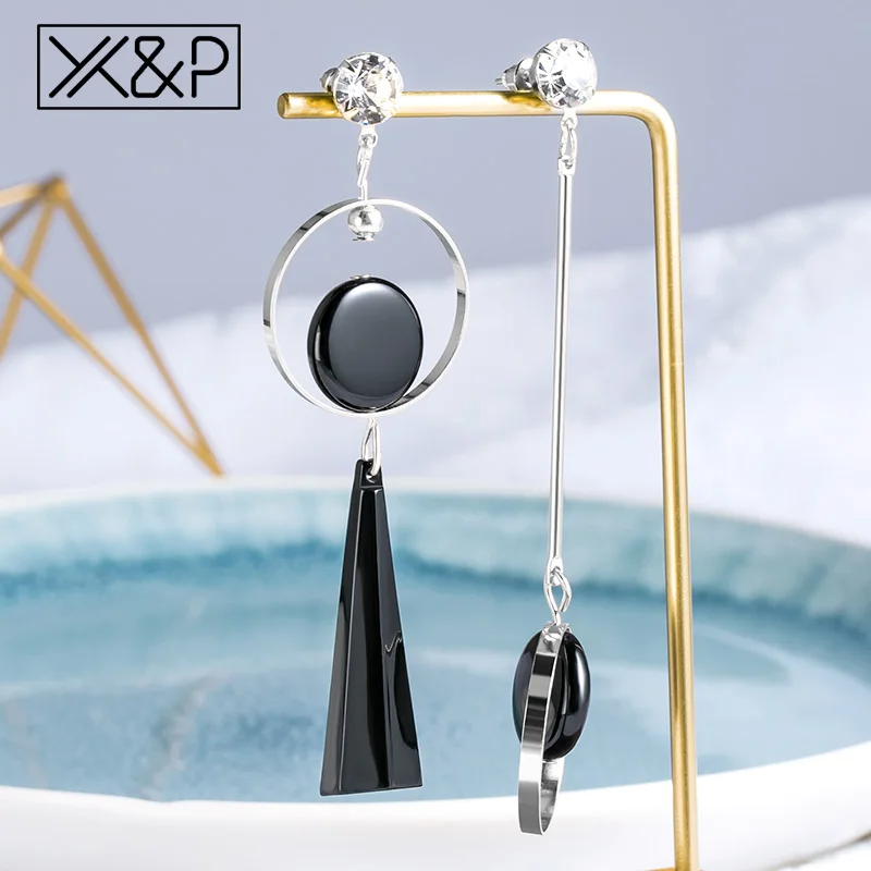 

X&P Korean Black Acrylic Geometric Drop Earrings for Women Fashion Gold Silver Triangle Round Asymmetric Dangle Earring Jewelry